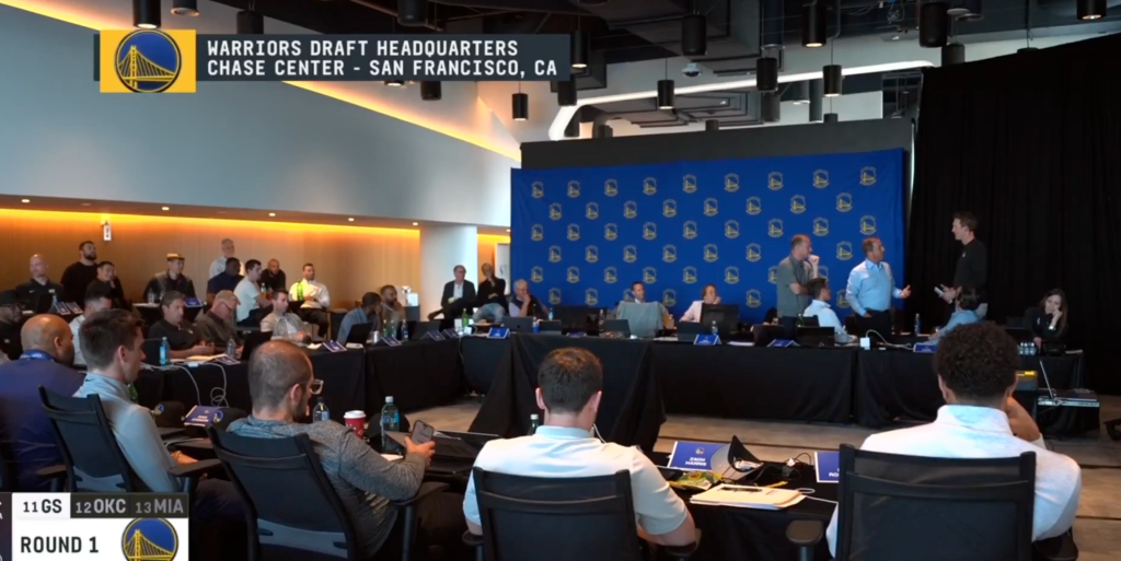 People gathered at the Warriors Draft Headquarters in San Francisco, CA.