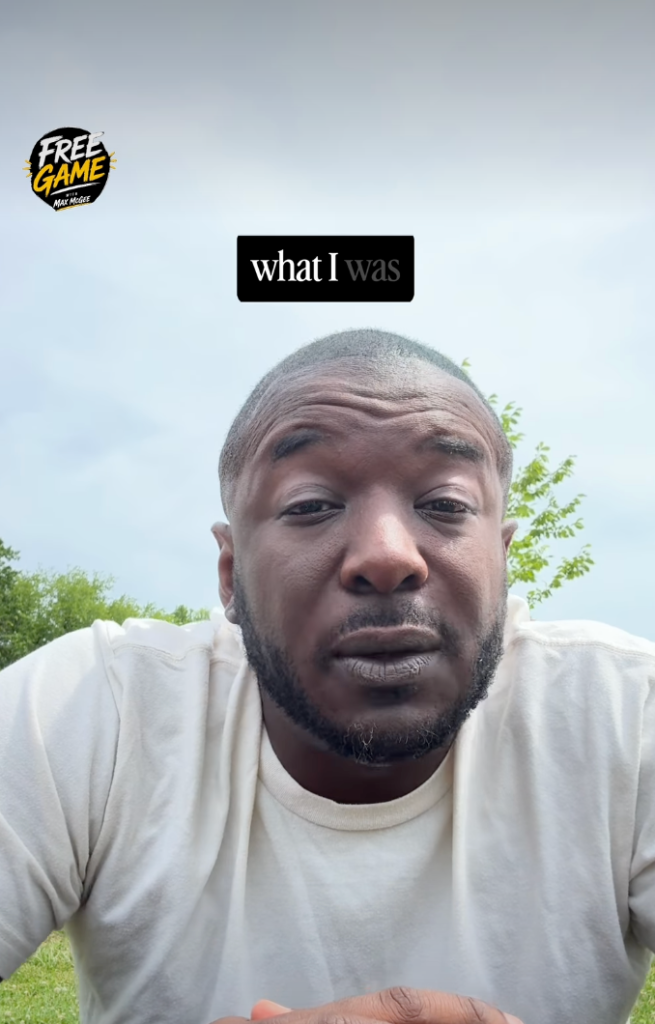 A man looking at the camera with the text "what I was" and a "Free Game with Max McGee" logo in the top left.
