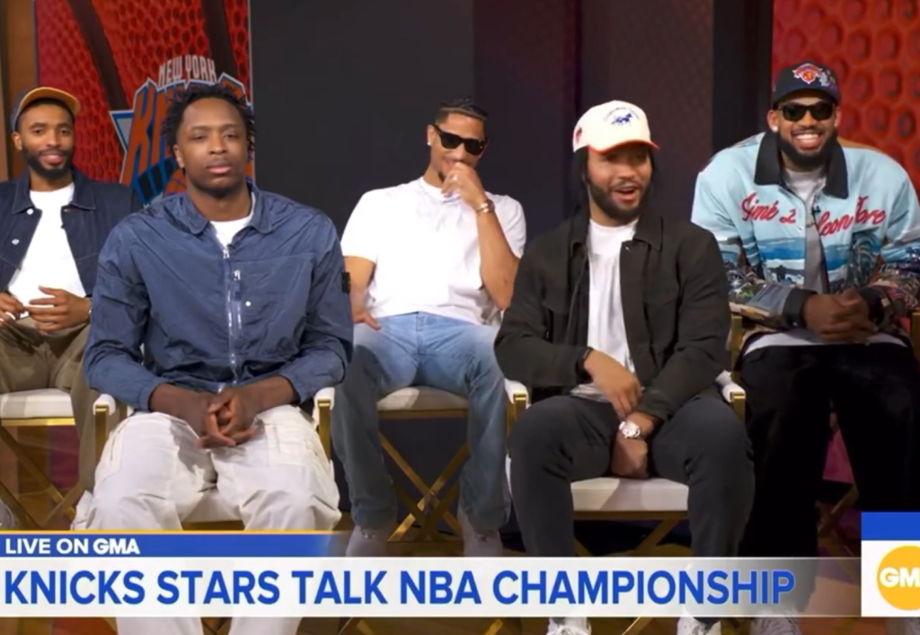 Knicks teammates laugh at OG Anunoby's dead pan on live television. 