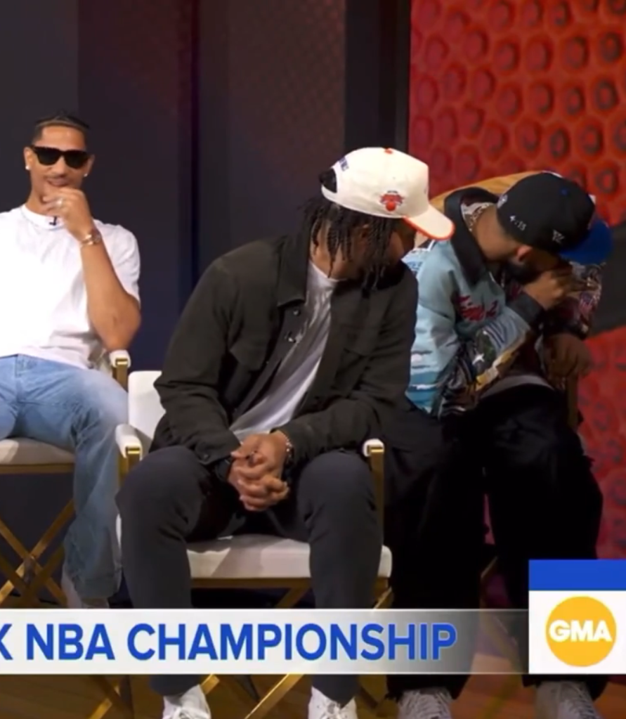Karl-Anthony Towns has a tough time looking at OG Anunoby without laughing on "Good Morning America."