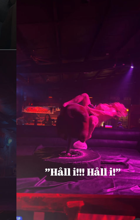 Maja Lindelof losing her cowboy hat and falling off the bull at a bar in Dallas on Wednesday night. 
