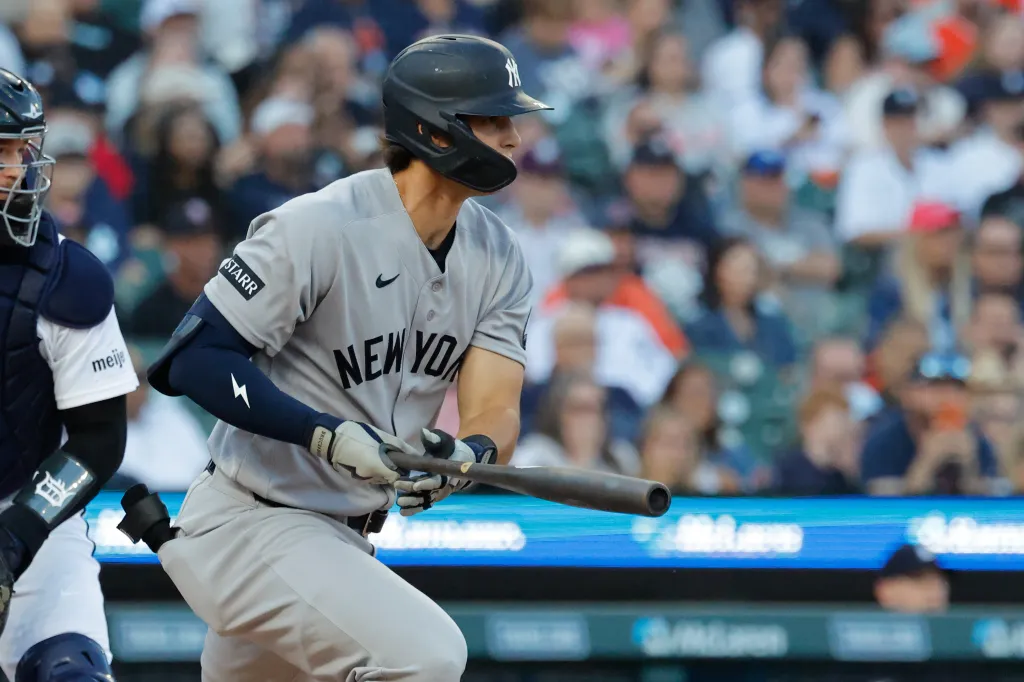 Spencer Jones hits a single during the Yankees' win over the Tigers on June 23, 2026 in Detroit.