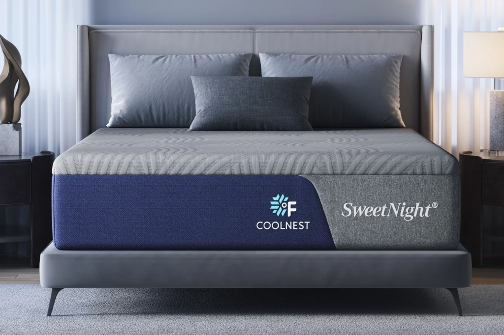 SweetNight Coolnest mattress on a bed frame with pillows.
