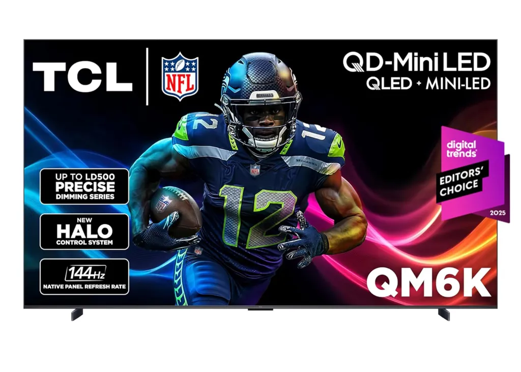 TCL QD-Mini LED QLED + Mini-LED TV with a football player and various features advertised.