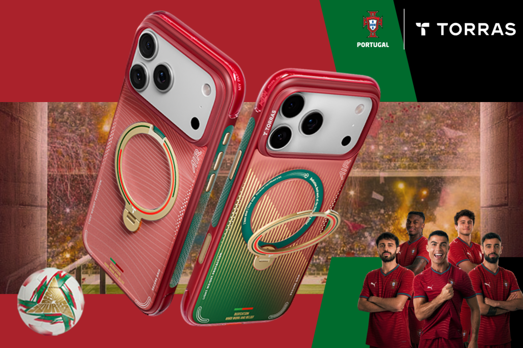 Collage of two red and green phone cases, a soccer ball, and five soccer players in red jerseys with a blurred stadium background.