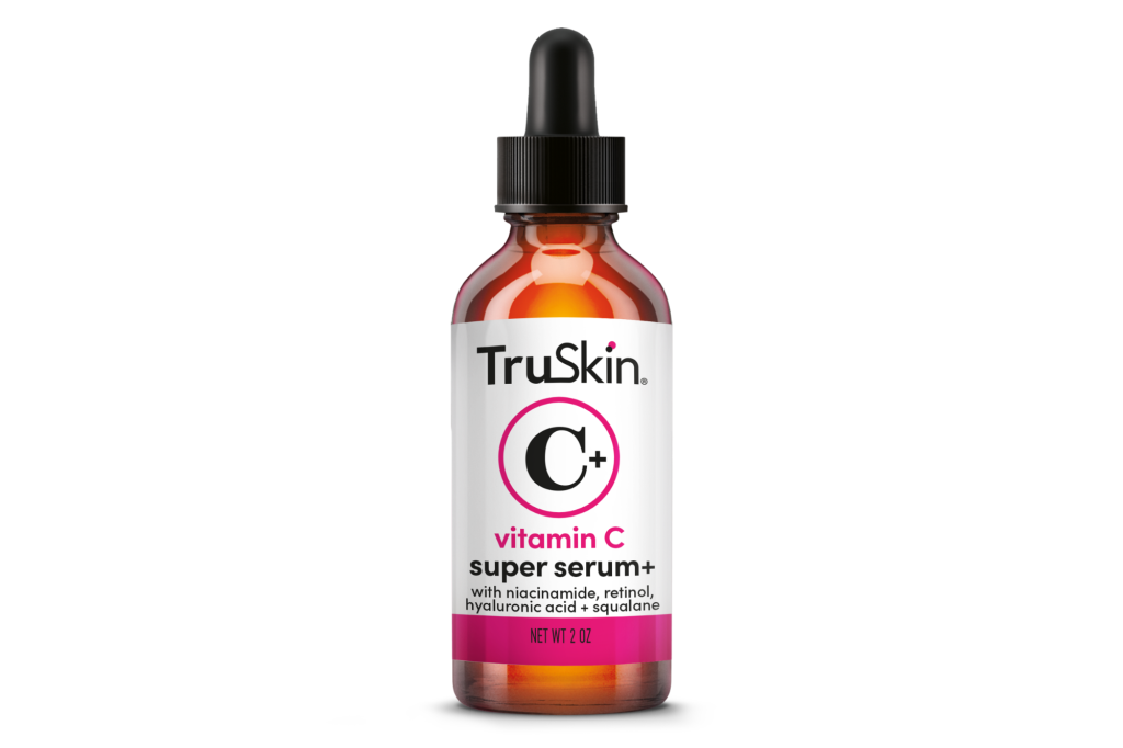 TruSkin Super C Vitamin C Super Serum+ with niacinamide, retinol, hyaluronic acid + squalane, 2 oz bottle with a dropper.