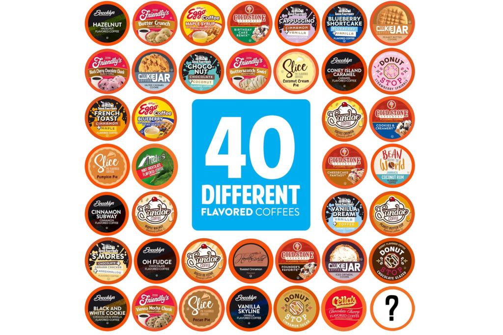 Collage of 40 different flavored coffee pods, each with a distinct brand and flavor.