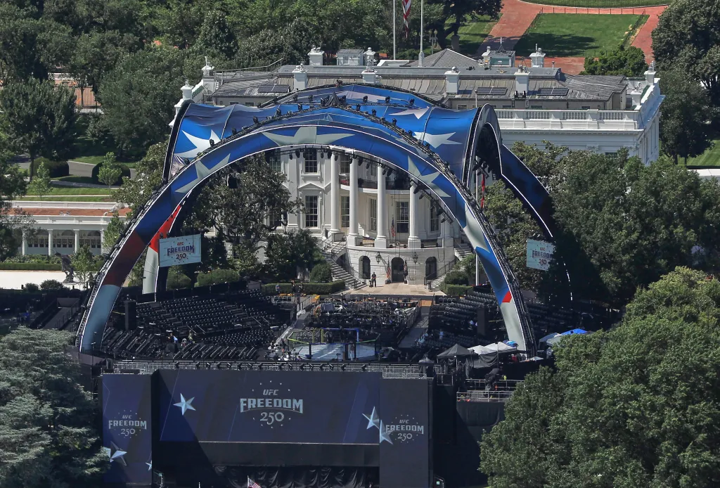 The arena and octagon for the UFC Freedom 250 fights is pictured on the South Lawn of the White House in Washington on June 13, 2026.