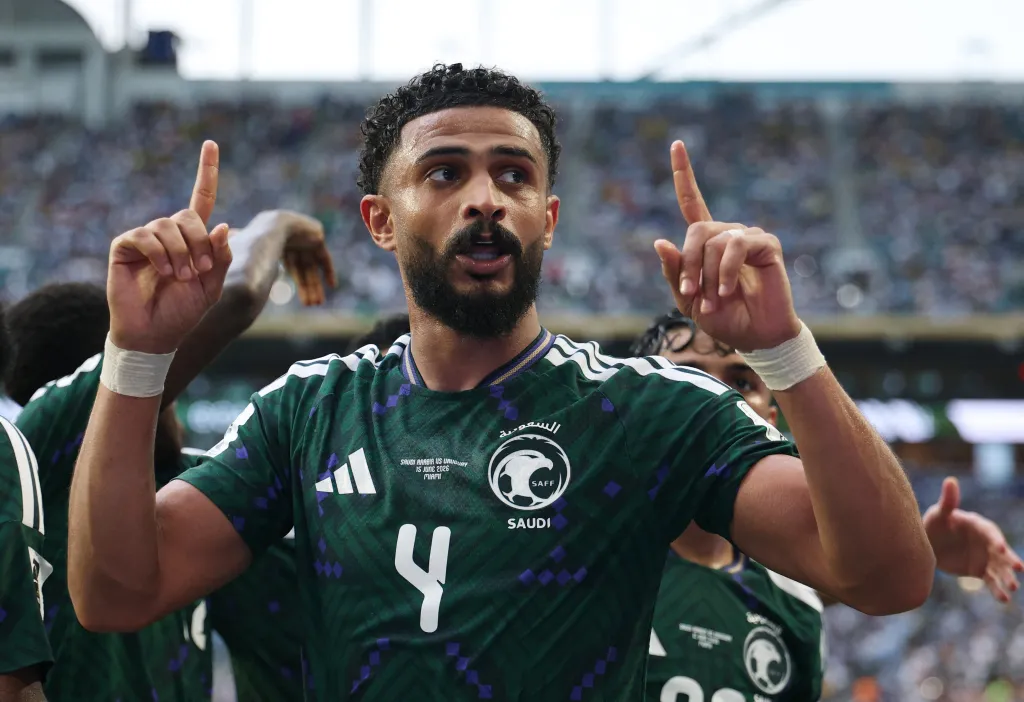 Soccer Football - FIFA World Cup 2026 - Group H - Saudi Arabia v Uruguay - Miami Stadium, Miami Gardens, Florida, U.S. - June 15, 2026 Saudi Arabia's Abdulelah Al-Amri celebrates scoring their first goal IMAGN IMAGES via Reuters/Nathan Ray Seebeck