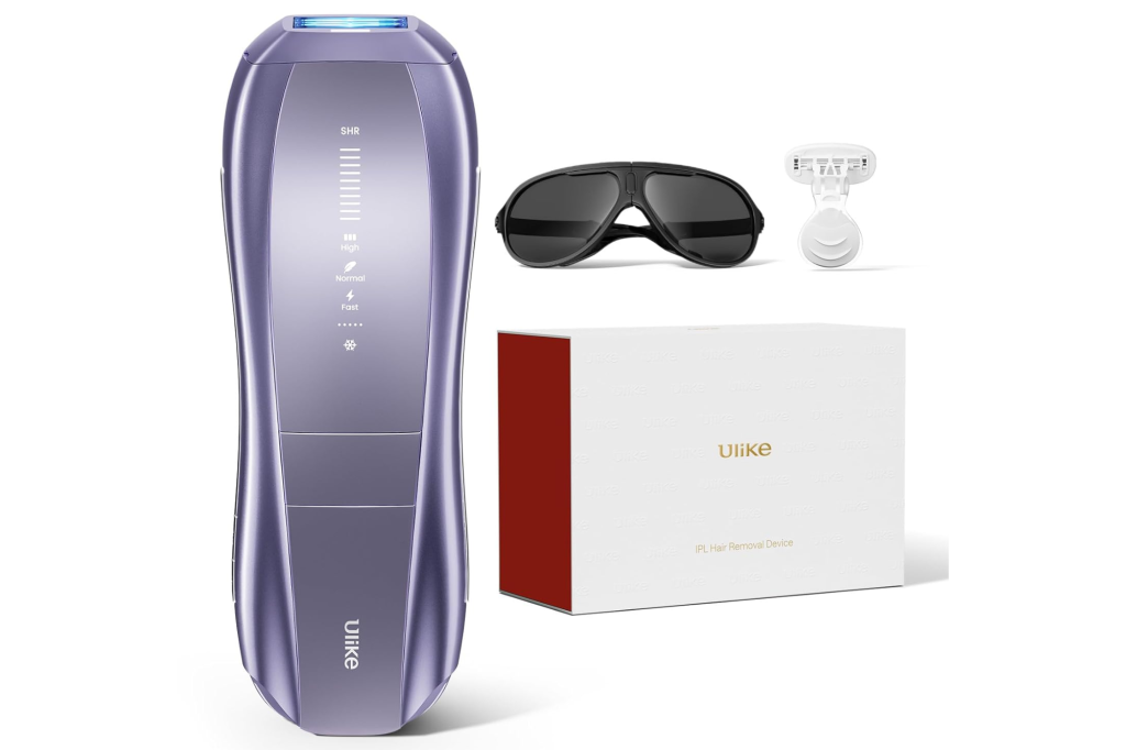 Ulike IPL Hair Removal Device with razor, safety glasses, and product packaging.