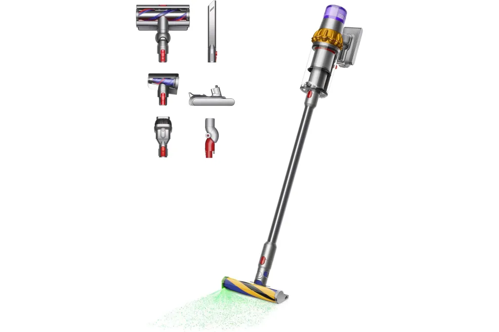 Dyson V15 Detect vacuum cleaner with various attachments and laser detection.