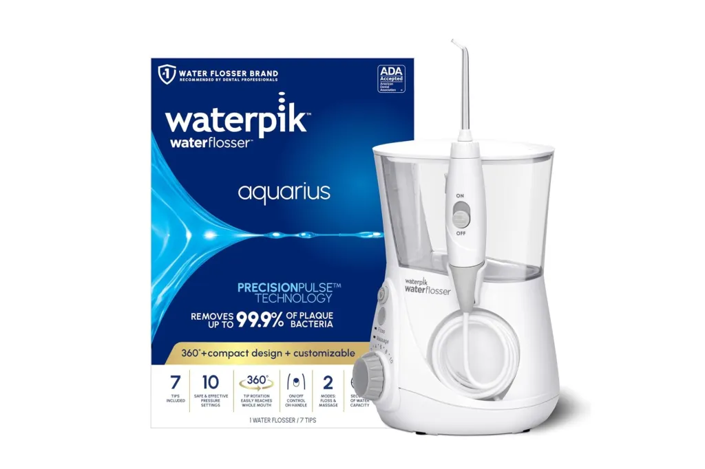 A Waterpik water flosser alongside its box