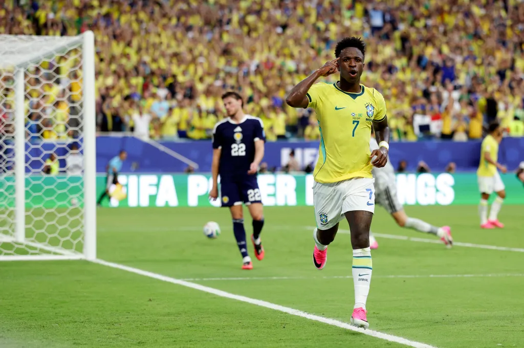 Vinícius celebrates after scoring one of his two goals in Brazil's 3-0 World Cup win over Scotland on June 24, 2026 in Mexico City.