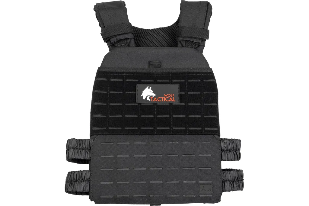 Black "Wolf Tactical" weighted vest with shoulder straps and side panels.