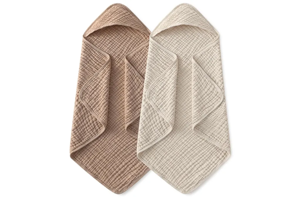 Two Yoofoss hooded baby towels in light brown and cream colors.