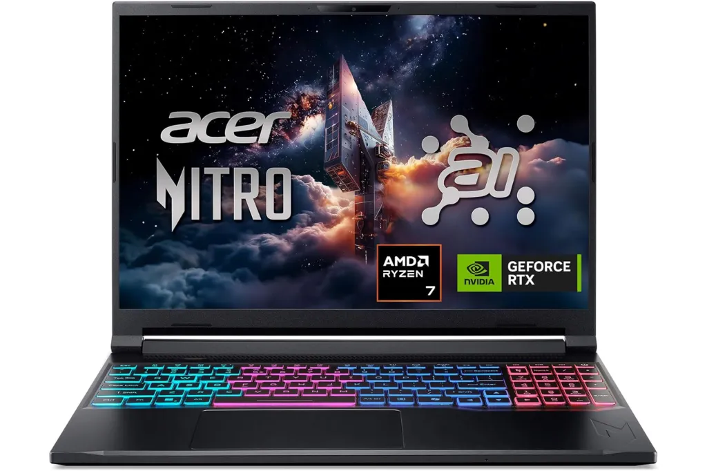 Black Acer Nitro gaming laptop with a colorful backlit keyboard and AMD Ryzen 7 and NVIDIA GeForce RTX logos on the screen.