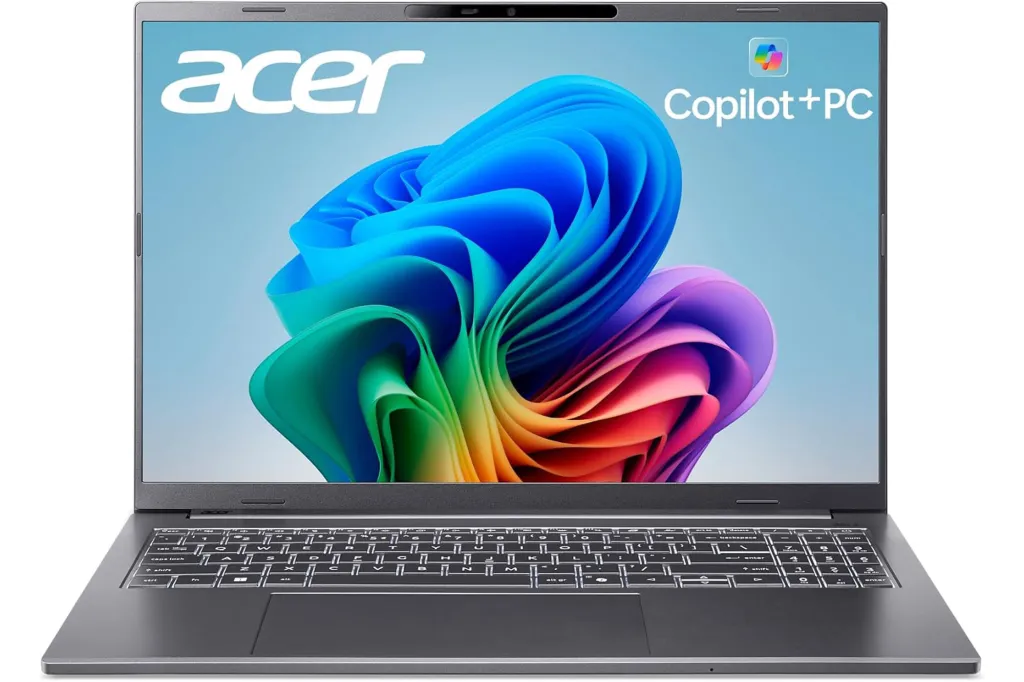 Acer Inspire 16 laptop with "Copilot+PC" on the screen.