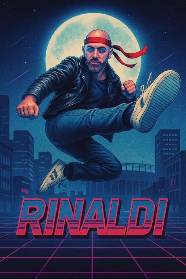 Illustration of a man in a black leather jacket and red headband kicking, with a large moon and city buildings in the background.