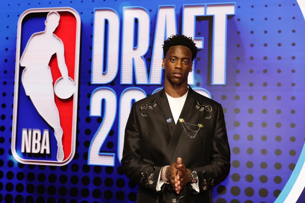 AJ Dybantsa during the first round of the NBA draft.