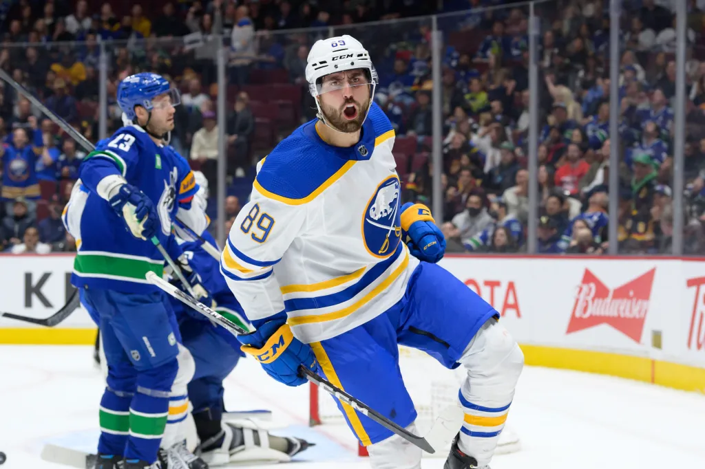 Alex Tuch of the Buffalo Sabres celebrates a goal against the Vancouver Canucks.