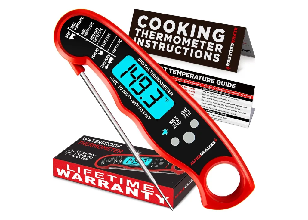 Red and black digital meat thermometer with cooking instructions and temperature guide.
