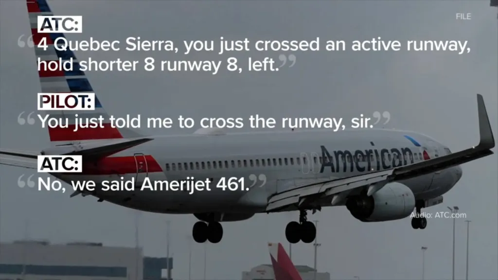 An American Airlines plane in mid-air with text overlays of a radio exchange between ATC and a pilot about crossing an active runway.