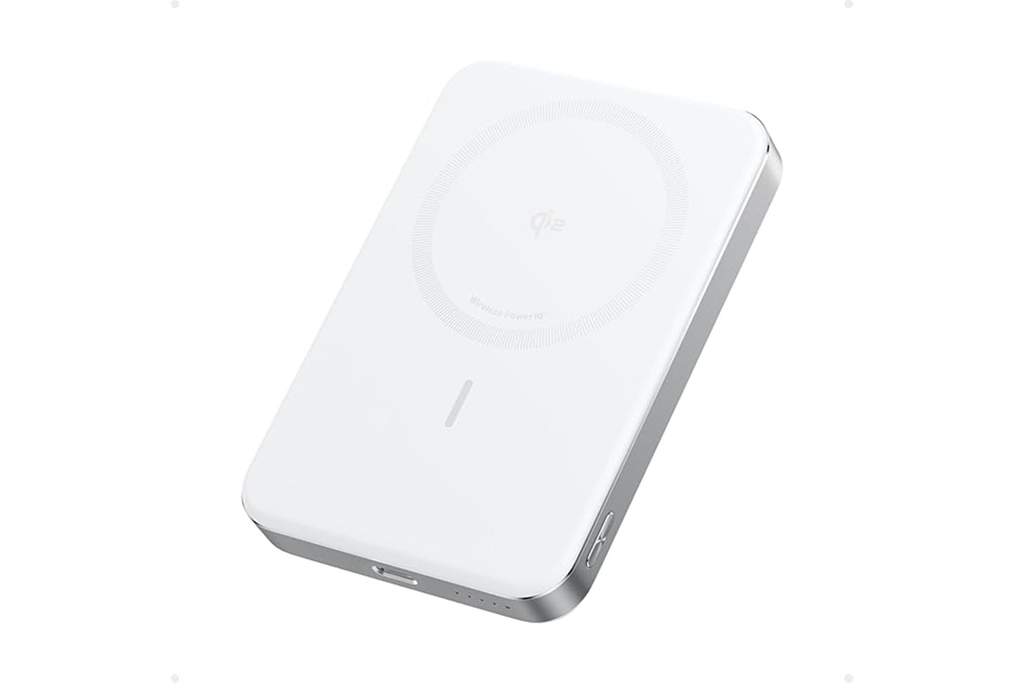 White wireless power bank with a silver side panel.