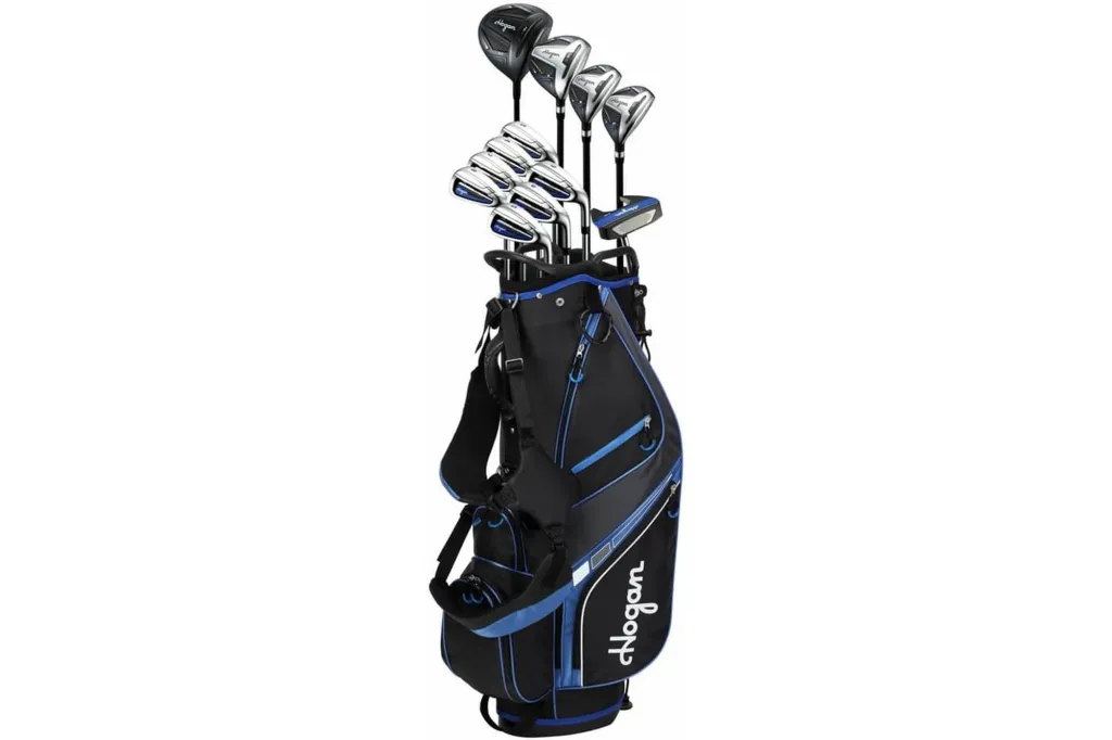 A golf set consisting of a black and blue golf bag with various Hogan golf clubs, including a driver, fairway woods, irons, and a putter.