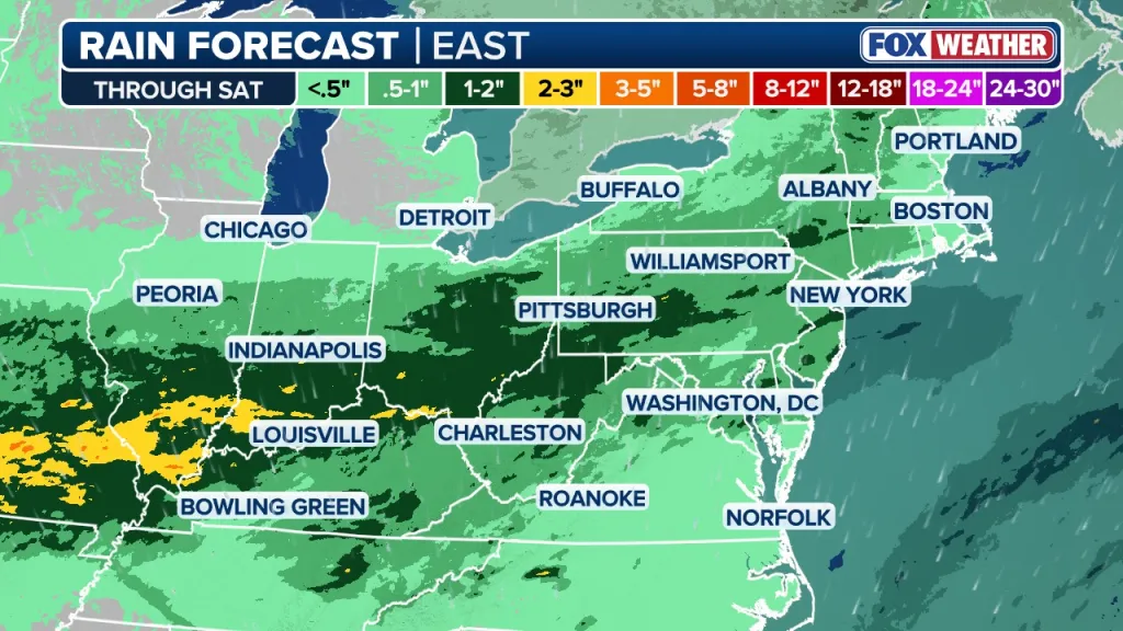 Rain forecast map for the Eastern US showing expected rainfall amounts through Saturday.
