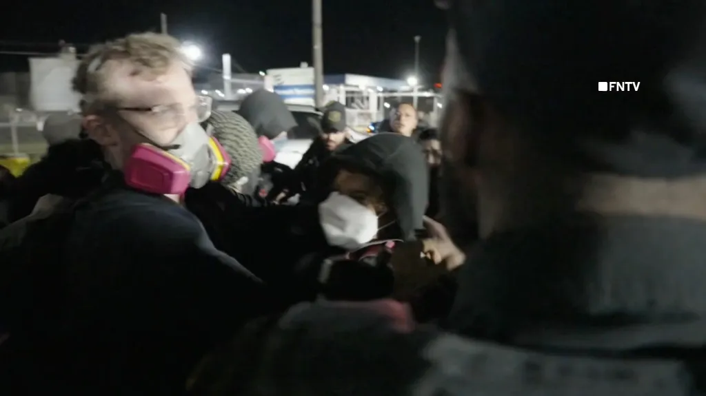 Anti-ICE protestors clashing with police during a hunger strike by detainees in Newark, New Jersey.