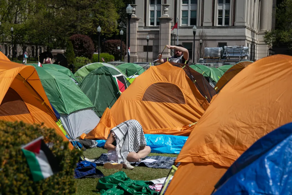 Students protest inside the Gaza Solidarity Encampment at Columbia University.