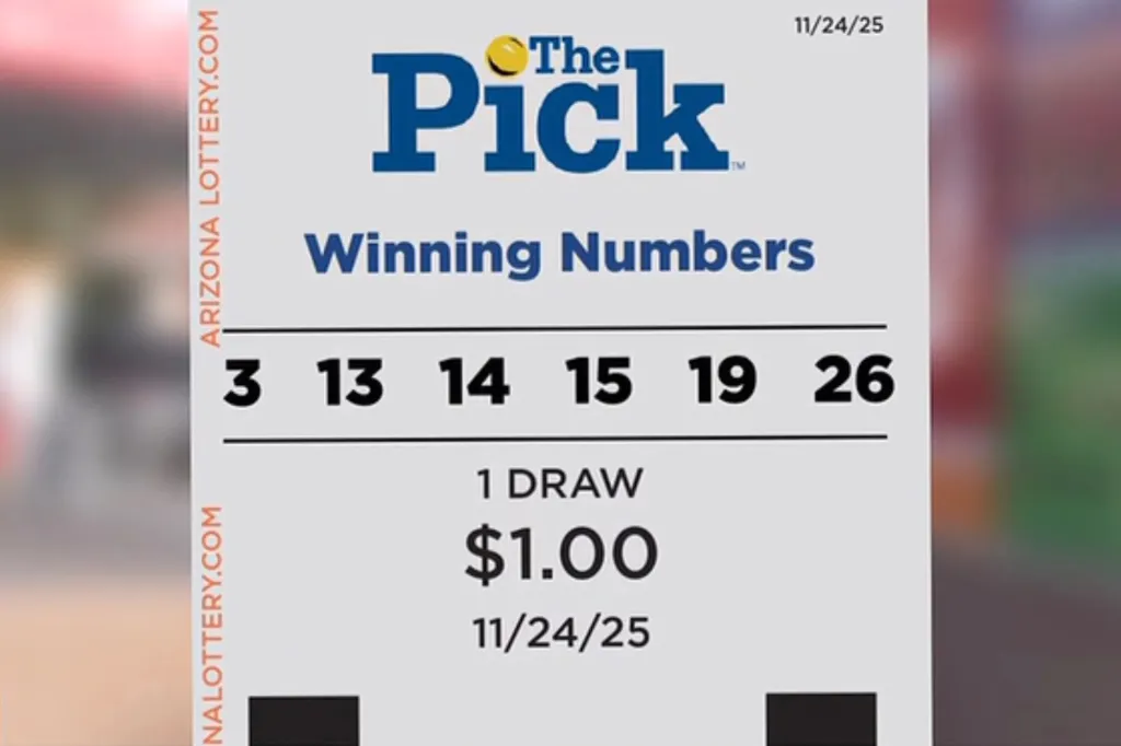 An Arizona Lottery "The Pick" ticket showing the winning numbers: 3, 13, 14, 15, 19, 26.