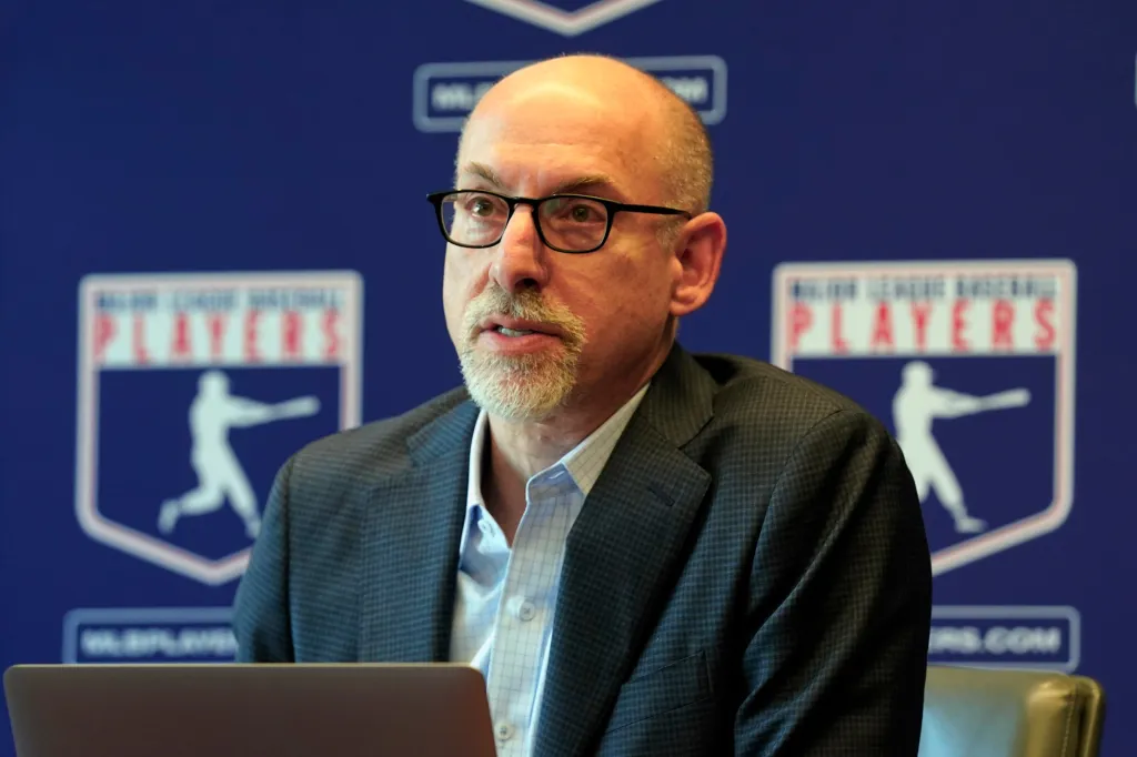Bruce Meyer, interim executive director of the Major League Baseball Players Association, speaks at a news conference.