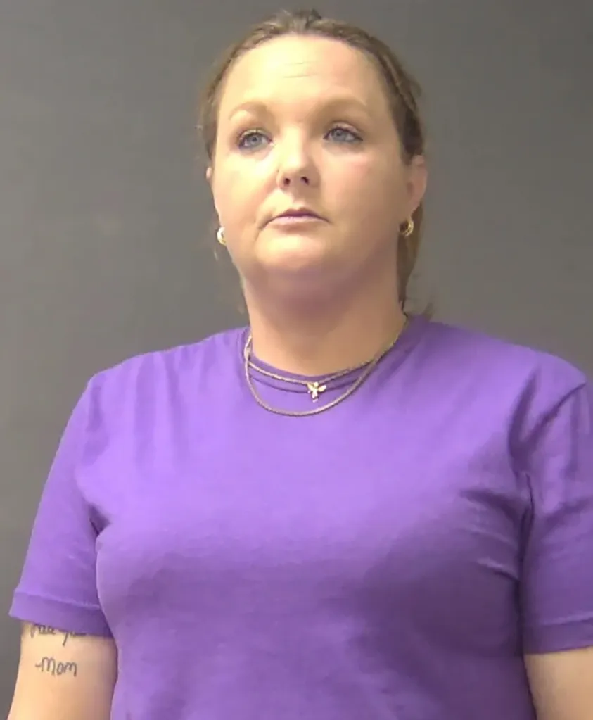 A mugshot of Ashley Andrews, a woman with light brown hair, wearing a purple shirt, and gold necklaces and earrings, looking slightly to her left.