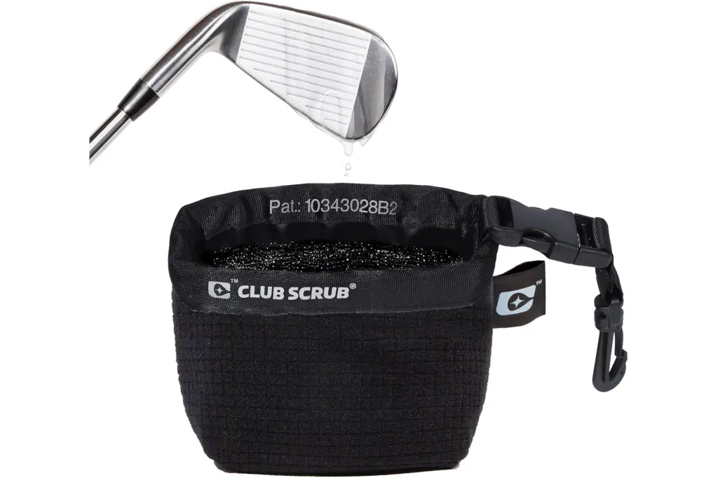 A golf club dripping water into a "Club Scrub" golf ball and club head cleaner.