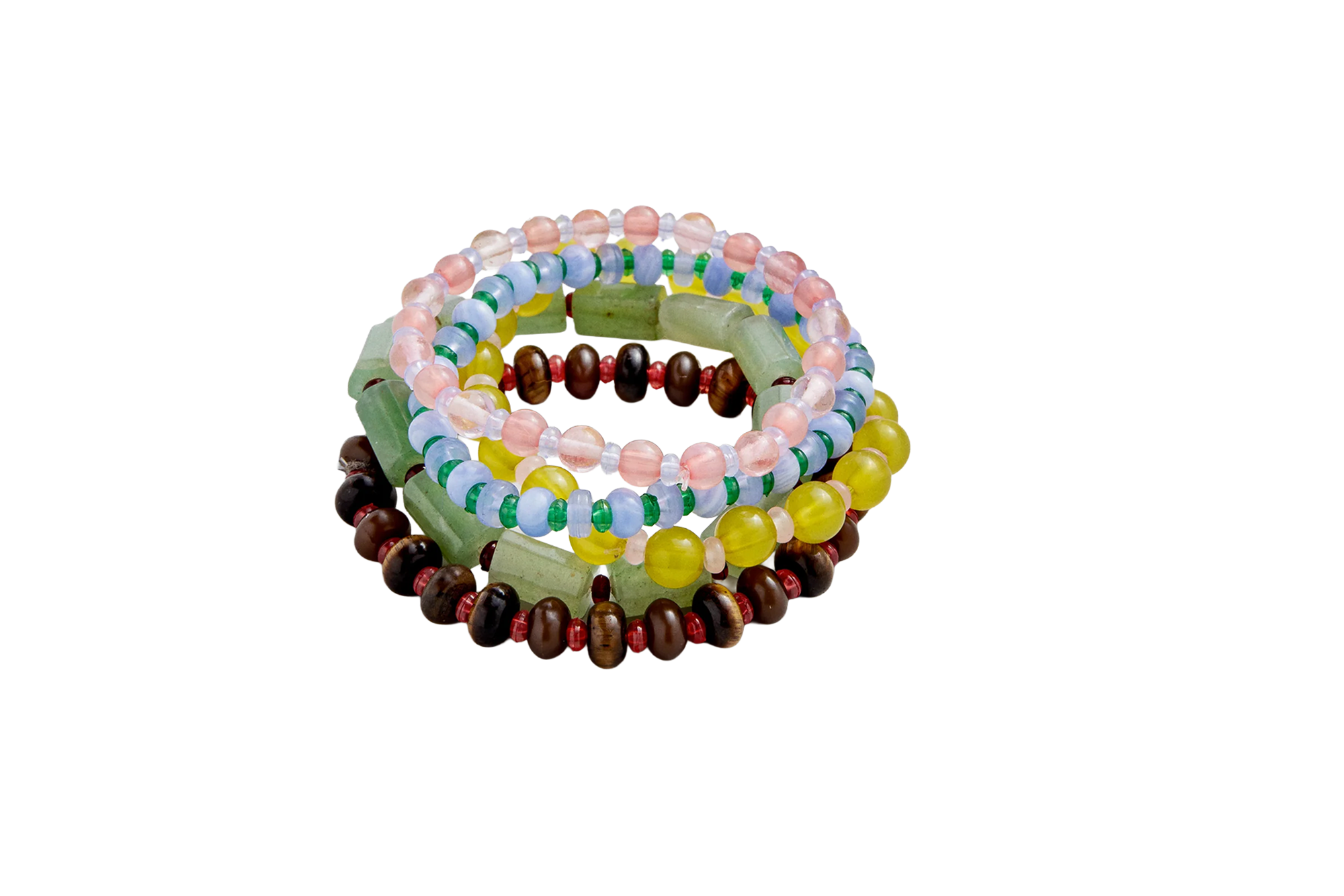 A stack of four beaded bracelets in various colors, including pink, blue, green, yellow, and brown, with some square green and oval brown beads.