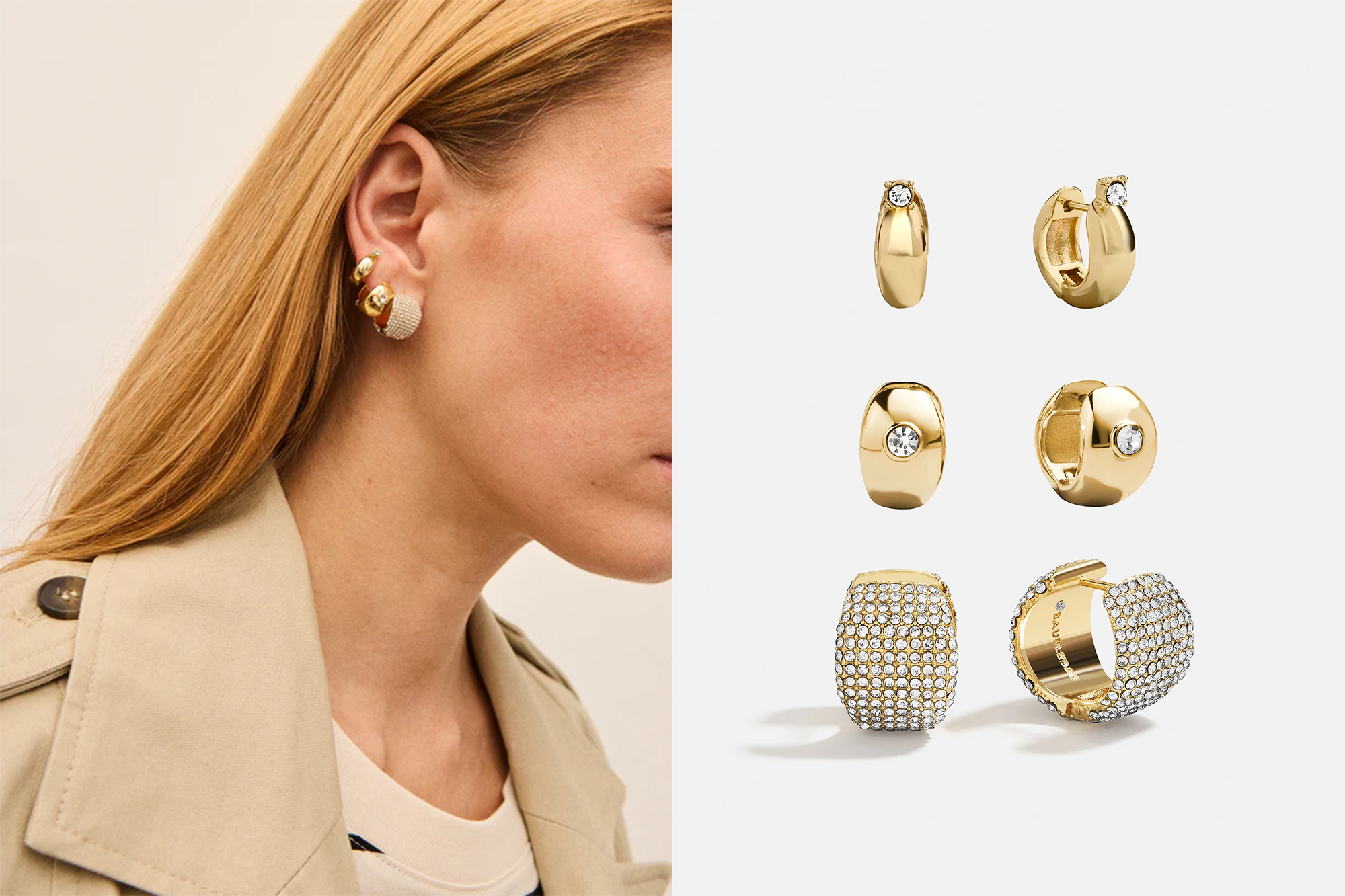 A woman wearing a tan trench coat and two gold huggie earrings in her right ear, with three pairs of gold huggie earrings displayed to the right.