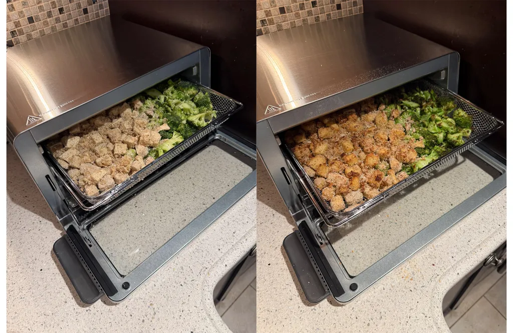 Before and after photo of tofu and broccoli in an air fryer.