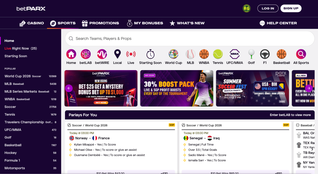 A screenshot of the BetPARX online sports betting platform showing current soccer matches and promotions.