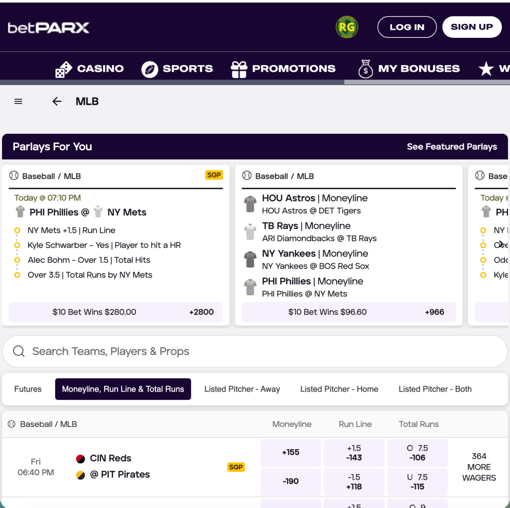 Screenshot of the BetParx online sportsbook displaying parlays and MLB betting options.