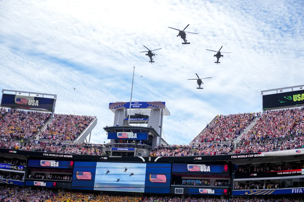 Black Hawk helicopters perform a flight demonstration over Lumen Field before the 2026 FIFA World Cup Group D match between the United States and Australia.