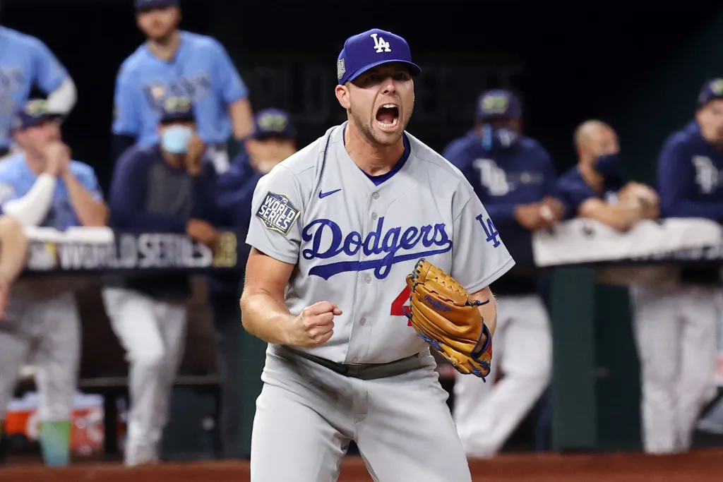 Los Angeles Dodgers pitcher Blake Treinen celebrates after striking out Tampa Bay Rays' Willy Adames in Game Five of the 2020 World Series.