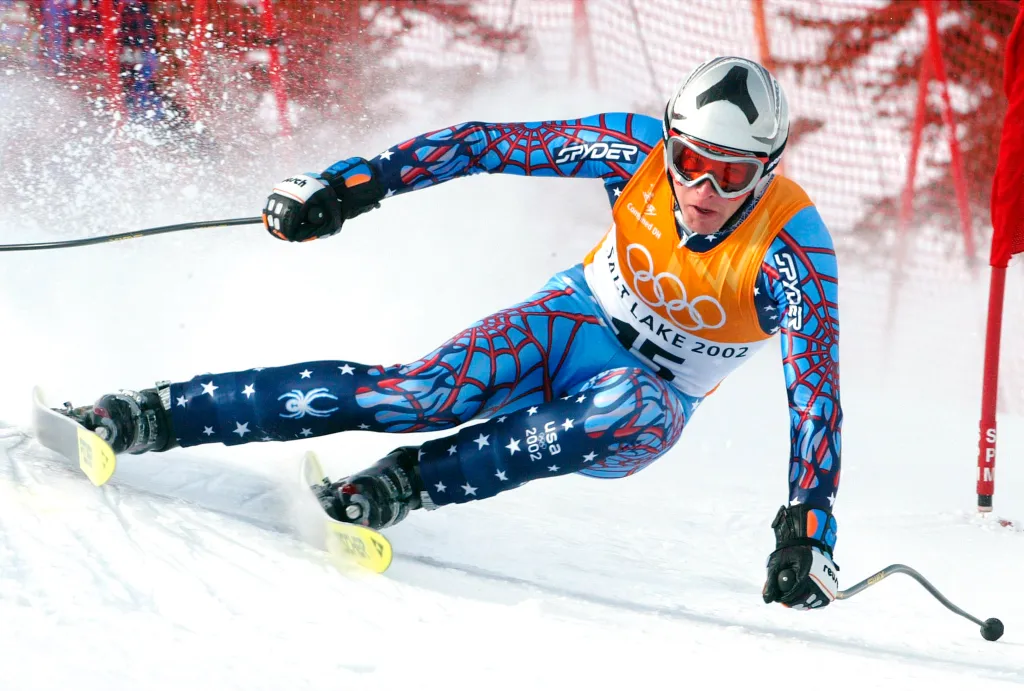 Bode Miller of the USA skis the downhill portion of the men's combined downhill competition at the 2002 Winter Olympics.