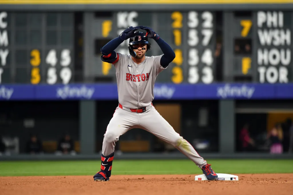 Boston Red Sox infielder Marcelo Mayer (11) on second base after hitting a double.