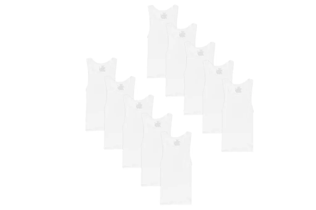 Pack of ten white tank tops arranged in two diagonal rows.