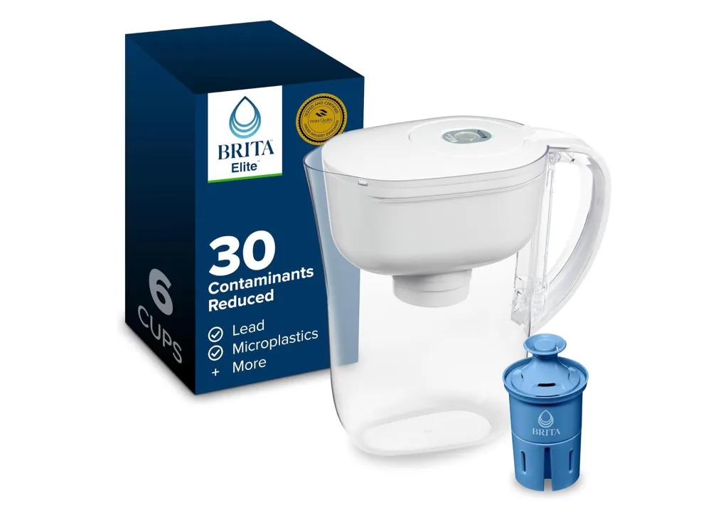 Brita water pitcher with a blue box of 6 cups and a Brita filter that reduces 30 contaminants.