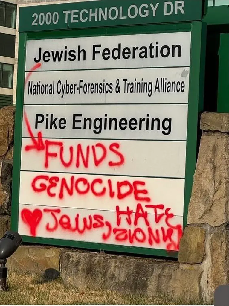 A sign for Jewish Federation, National Cyber-Forensics & Training Alliance, and Pike Engineering, vandalized with red spray paint that reads "FUNDS GENOCIDE," and "Jews, HATE ZIONIST."