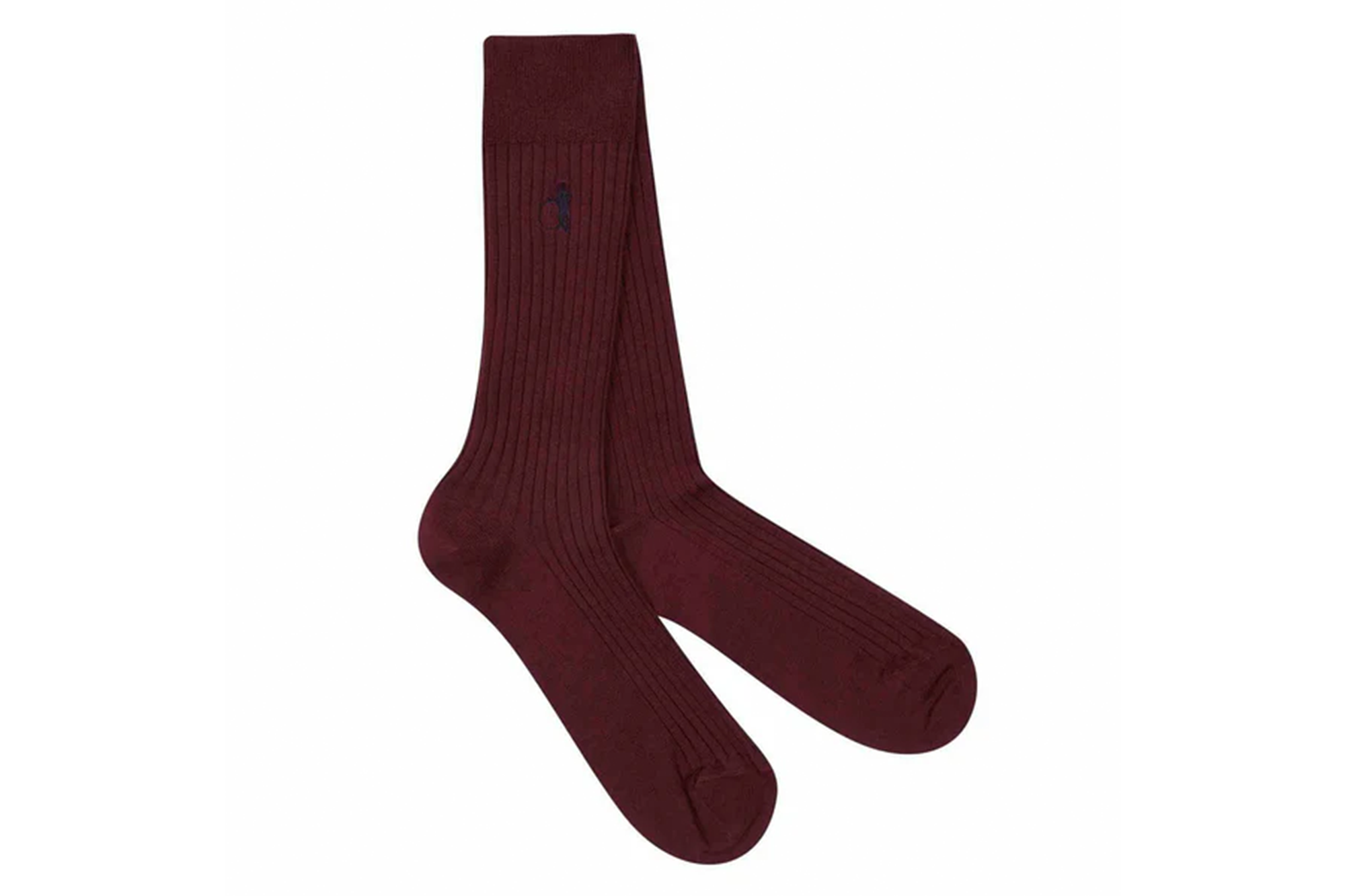 Pair of burgundy ribbed socks with an embroidered logo.