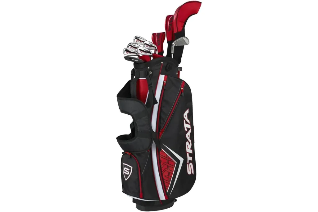 Black and red Strata golf bag with a full set of golf clubs.