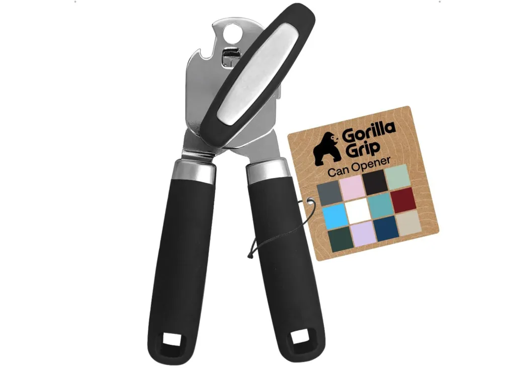 A black and silver can opener with a "Gorilla Grip Can Opener" tag showing multiple color swatches.